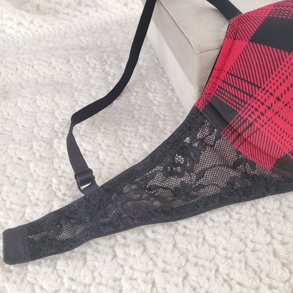 La Senza REMIX Push Up Plunge Bra: Light Red & Black Plaid with Black Lace - Picture 5 of 7